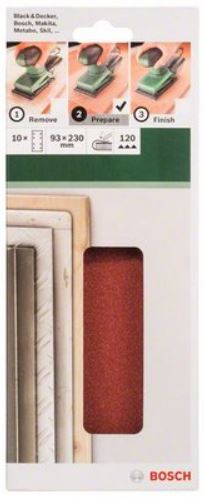 For orbital sanders, 93x230mm, 120, 8 holes, 10 pc, clip on. Remove, prepare, finish. 3 clear categories, sorted by use. One quality for different surfaces.