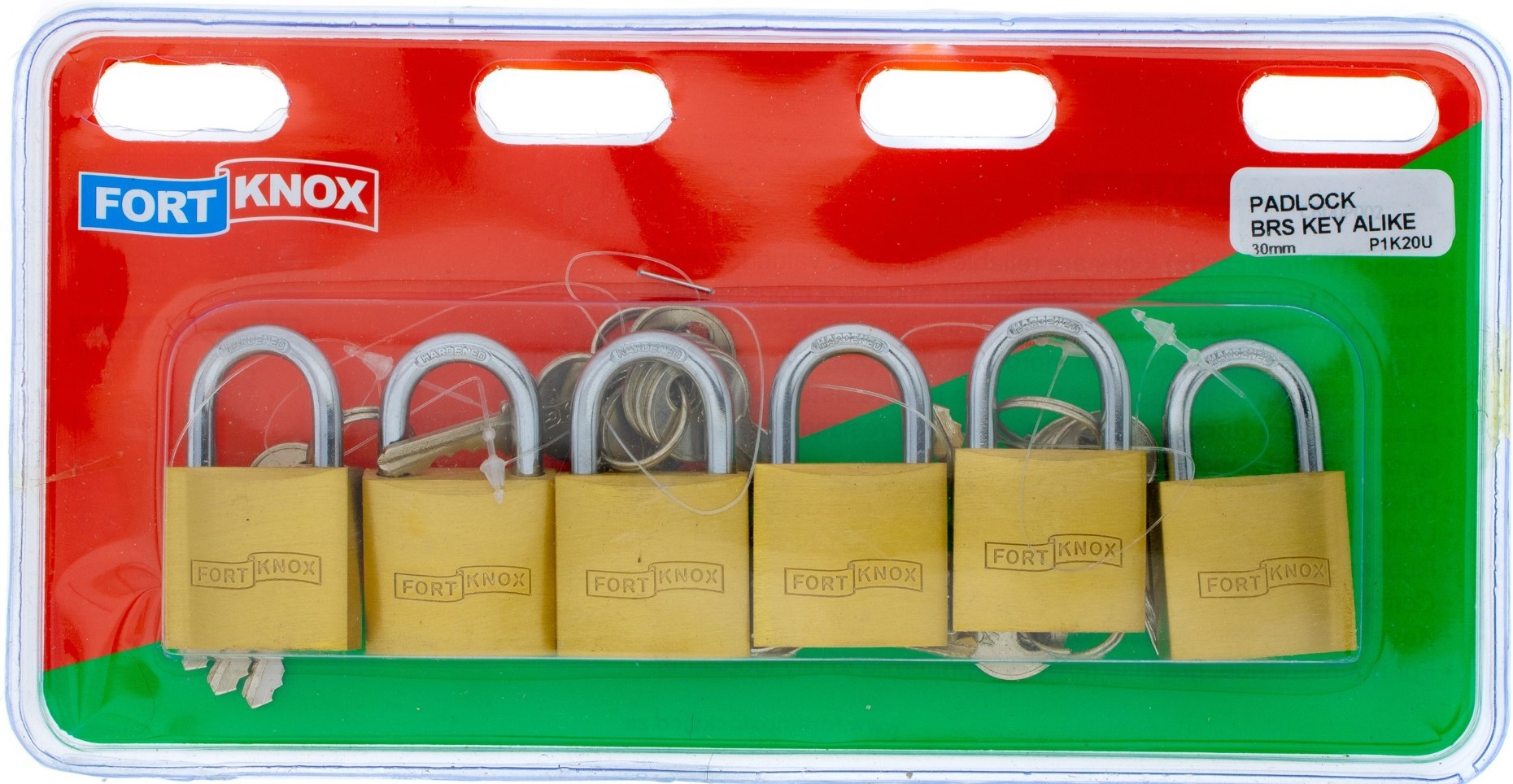 Key alike brass padlocks 6 Piece 30mm.