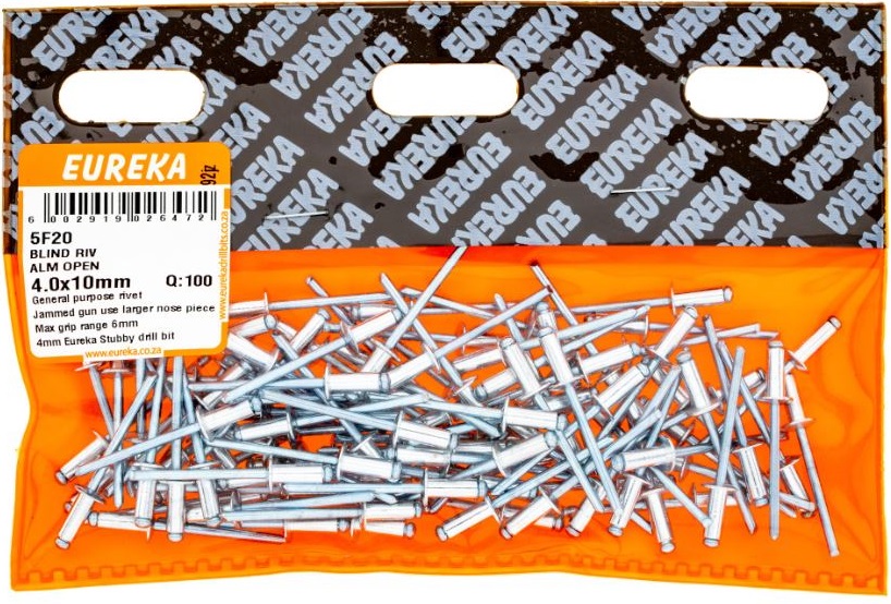 A rivet is a fastener, consisting of a body and a mandrel, used to attach thin pieces of material to thin pieces of metal. A rivet works by drilling a same-sized hole through both materials which coincide with the thickness of the rivet. The mandrel part of the rivet is then placed into the nose-piece of a rivet gun, where after the body part is placed through the holes in the workpiece. The handles of the rivet gun are then squeezed multiple times until the mandrel breaks off, leaving the body part securing the workpiece together.