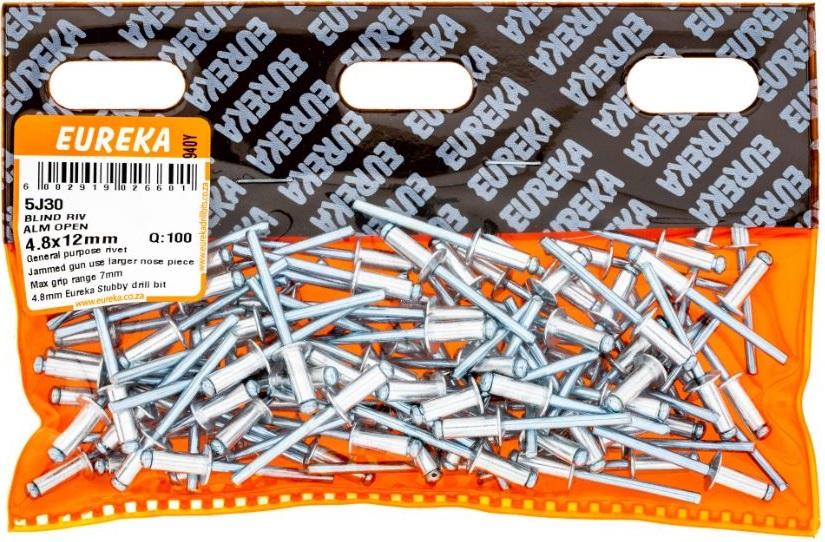 A rivet is a fastener, consisting of a body and a mandrel, used to attach thin pieces of material to thin pieces of metal. A rivet works by drilling a same-sized hole through both materials which coincide with the thickness of the rivet. The mandrel part of the rivet is then placed into the nose-piece of a rivet gun, where after the body part is placed through the holes in the workpiece. The handles of the rivet gun are then squeezed multiple times until the mandrel breaks off, leaving the body part securing the workpiece together.