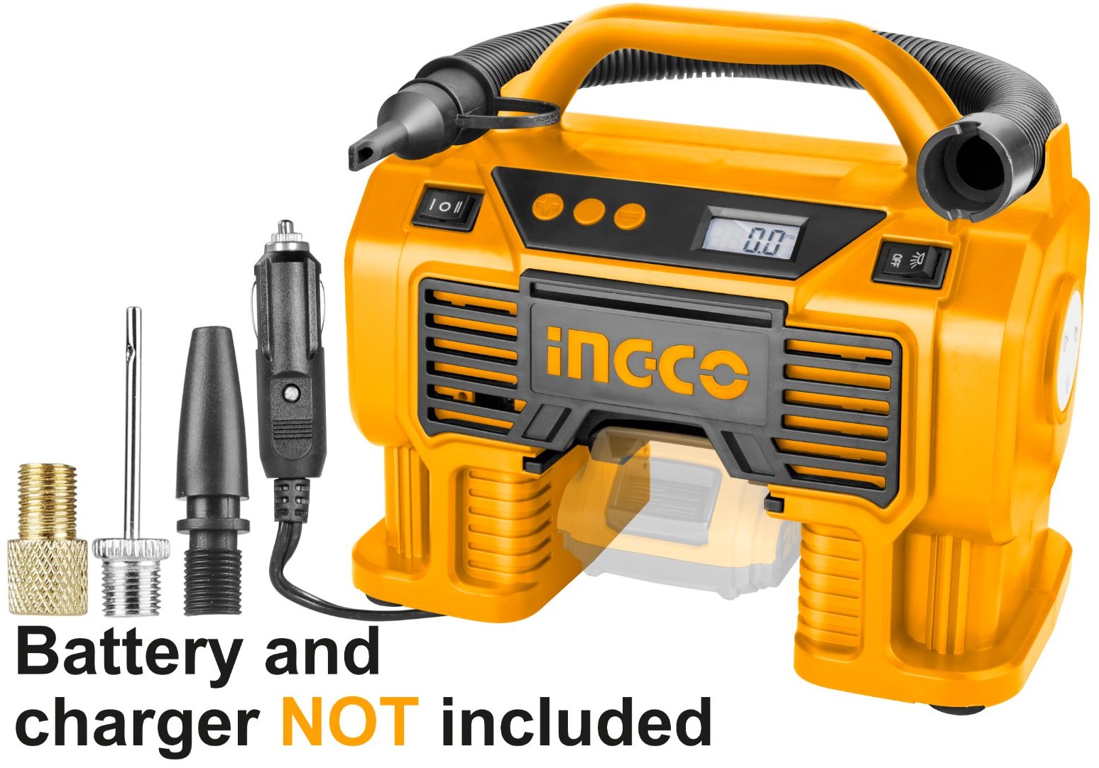 Voltage:20V. Max pressure:160PSI/11BAR. Integrated work light. With 3pcs adaptors. With 1pcs air tube. With 1pcs 3m cord with cigarette lighter. Battery and charger sold separately. Packed by colour box.