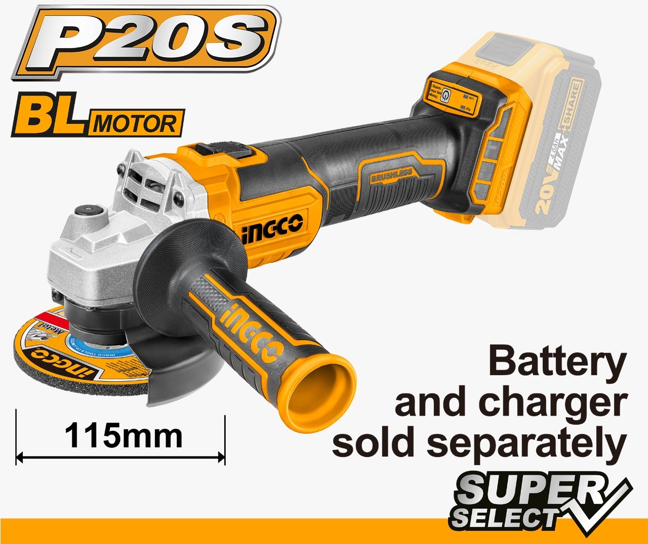 Brushless Motor. Voltage:20V. No-load speed:3000/8500rpm. Disc diameter:115mm. Spindle thread:M14. Battery and charger sold separately. Disc not included. Packed by colour box.
