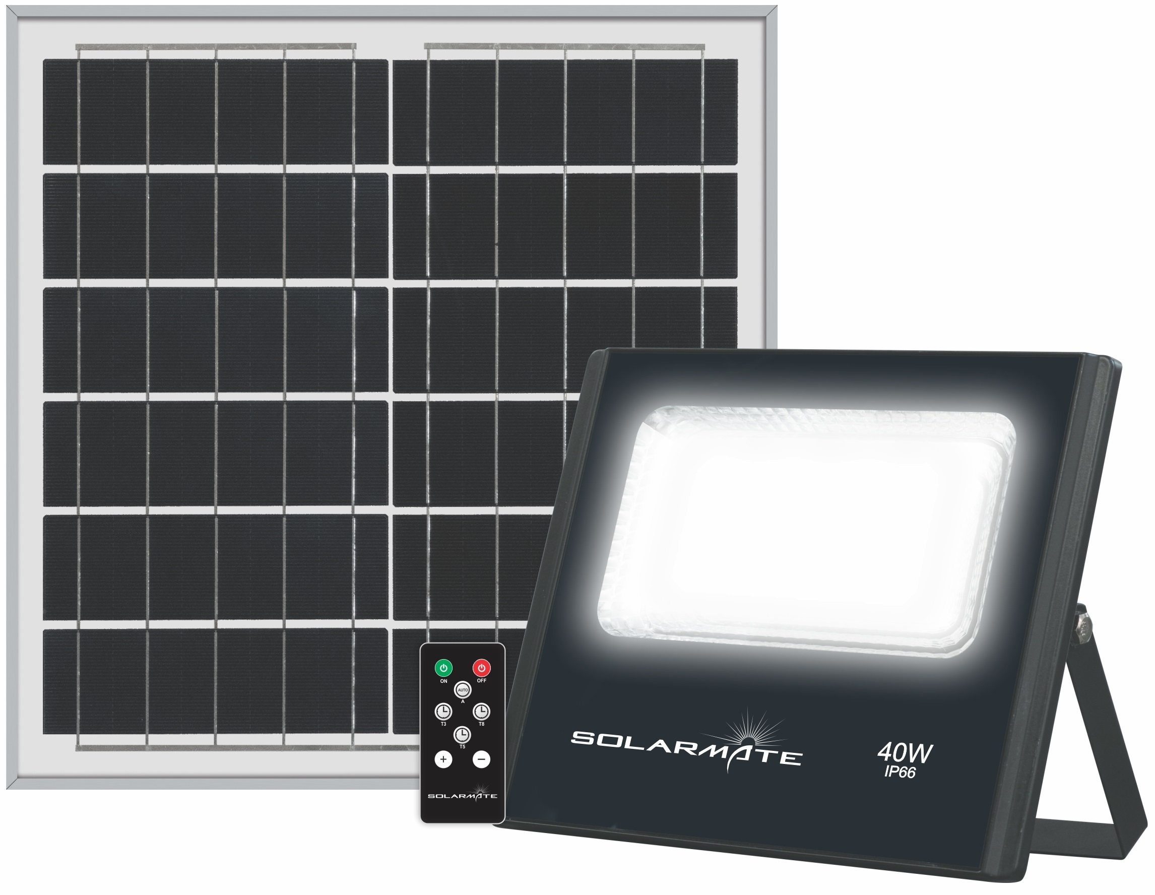 40W LED Security flood light. Remote Control, Solar Powered. Polycrystalline solar panel, 5000mAh Li-Ion battery. Last up to 8 hours. Energy saving, cool white and waterproof IP66. Permanently on function.