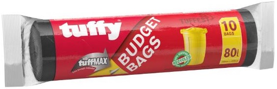 Black Tuffy refuge bag on roll. Budget 18 micron 750mm x 950mm . Plastic content is 100% recycled. 10 Per roll.