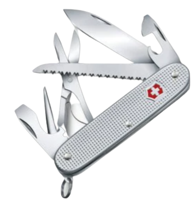 Farmer X, a favourite, now with scissors added to its popular functions, remaining a compact outdoor multi-tool, designed for all-around use with ten functions, including the useful and iconic wood saw and reamer. Also features a small engraving panel on the back Alox scale.1. Large Blade2. Wood Saw3. Reamer/Punch4. Can Opener5. Screwdriver 3 mm6. Bottle Opener7. Wire Stripper8. Screwdriver 7.5 mm9. Scissors10. Key Ring