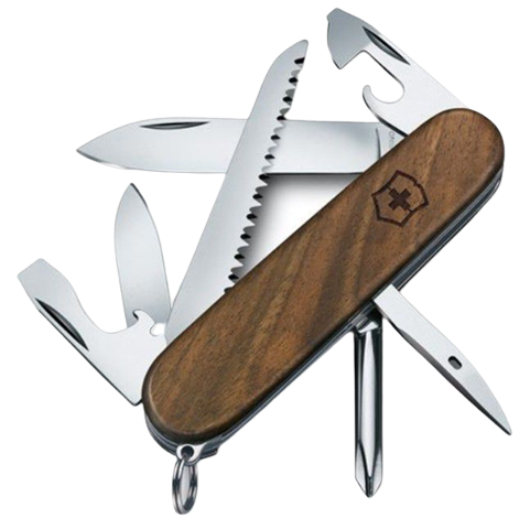 Awesome, compact pocket knife, crafted from elegant walnut wood, tactile feel, each multitool distinctive, with individual shades and grain patterns, making every product unique. Ensuring you are always prepared for any adventure on your next hiking trip. Medium-sized with an essential screwdriver and saw. 1. Large Blade 2. Small Blade 3. Can Opener 4. Screwdriver 3 mm 5. Bottle Opener 6. Wire Stripper 7. Screwdriver 6 mm 8. Reamer/Punch/Sewing Awl 9. Phillips Screwdriver ½ 10. Wood Saw 11. Key Ring.