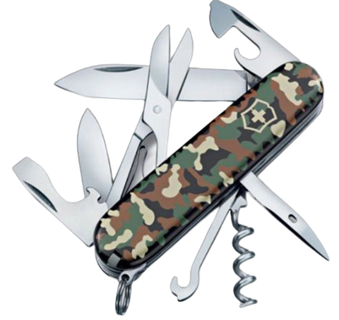 Popular, slim EDC or outdoor multi-tool, that includes an essential large blade, scissors, and a useful multi-purpose hook for carrying weighty parcels. Large Blade Small Blade Can Opener Screwdriver 3 mm Bottle Opener Wire Stripper Screwdriver 6mm Reamer/Punch/Sewing Awl Corkscrew Scissors Multipurpose Hook Toothpick Tweezers Colour Camouflage Opening System Manual Handle ABS/Cellidor Blade Steel Stainless Steel Edge Type Plain Closed.