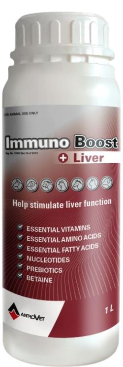 Helps stimulate liver function. Immuno Boost + Liver is an easy to use, scientifically formulated, water soluble liquid formulation designed for optimal performance. Immuno Boost + Liver is safe for application in all forms of livestock such as poultry, turkeys, ducks, rabbits, ostriches, cattle, calves, sheep, goats, camels, and non-competing horses, as well as smaller animals.