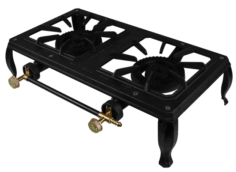 Cast iron. Boxed unassembled. Includes detailed assembling instructions. Double Gas Burners, with 2 Gas Boiling Rings. Perfect for Restaurant, Catering, and Outdoor Cooking. Regulating valves to control the heat.