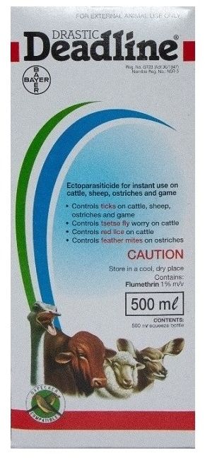 An easy-to-apply pour-on for tick control and protection. Controls ticks on cattle, sheep, ostriches and game. Controls tsetse fly worry on cattle. Controls red lice on cattle. Sterilises female ticks. Controls feather mites on ostriches. Easy application onto the skin. Residual action. On-systemic action. The longer the product is regularly applied, the more the tick population is reduced. It then becomes possible to treat at extended intervals. The product is rainfast.