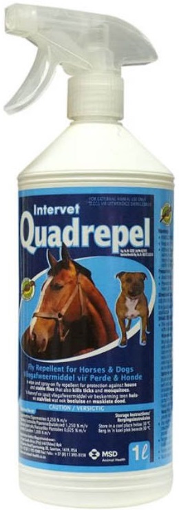 A wipe and spray-on fly repellent for protection against house and stable flies that also kills ticks and mosquitoes, for horses and dogs.