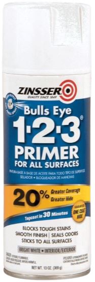 Smooth finish multi purpose primer, should be *Get 20% greater coverage than other spray primers with Rust-Oleum® Zinsser® Bulls Eye 1-2-3® Primer Spray. This whole-house primer-sealer features a high-output spray that seals porous surfaces like wood, drywall, cured plaster, and even concrete, stucco and brick.