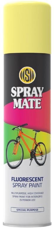 Spraymate Fluorescent spray paint is an exclusive formulation, which gives a bright matt finish that does not crumble, flake or rub off. It is suitable for most surfaces requiring a bright fluorescent finish, such as, bicycles, skateboards, helmets and man