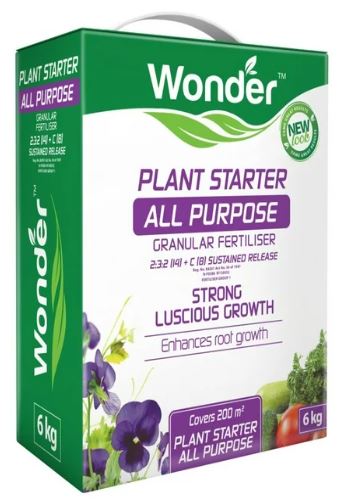 A complete granular fertiliser for feeding and planting most garden plants. Wonder Plant Starter All Purpose granules is a balanced blend of nitrogen, phosphorous and potassium for foliage growth, flowering and fruiting.
