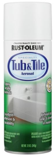 Rust-Oleum Tub & Tile Aerosol provides a one-step solution to refinish tubs, sinks and showers in just minutes. This unique finish bonds to porcelain and ceramic providing outstanding adhesion, durability and color retention in high moisture areas. Epoxy