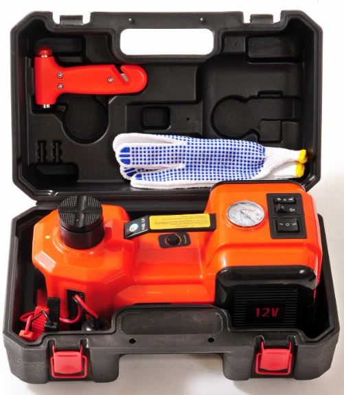 Durable Plastic Carry Case. 3-in-1 Electric Hydraulic Jack. 5 Ton Maximum Loading Weight. Maximum Lifting Height 45cm .35L/min Tyre Inflator with 600mm Hose and Build-In LED Flashlight. 4M Power Cord  DC12V Maximum Current 15A. Anti Skid Metal Base Plat