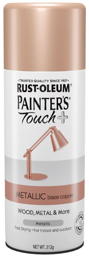 Rustoleum Painters Touch + Metallics contains breakthrough technology that provides superior coverage on wood, metal, plastic, wicker and more. It covers surfaces with less spray passes, allowing projects to be completed faster and easier.Any-angle spray