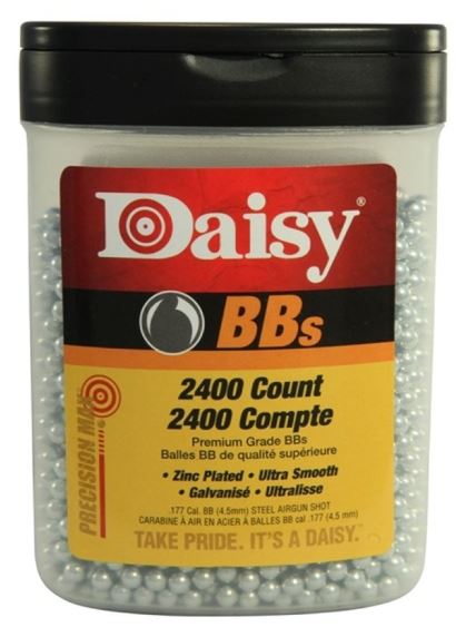 This handy plastic bottle holds 2,400 zinc plated steel Daisy BBs, enough to make any shooter happy. The flip-top has one large and one small opening.