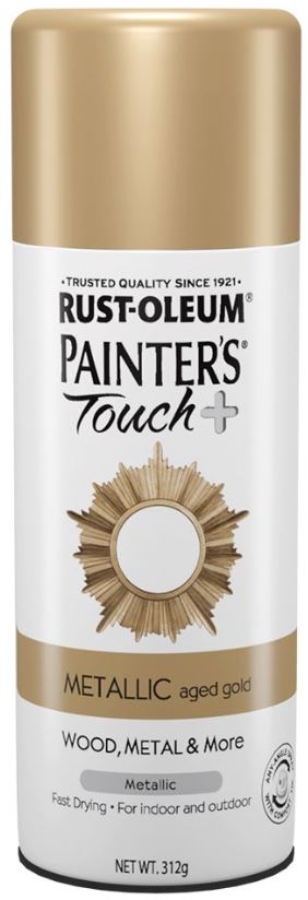 Rustoleum Painters Touch + Metallics contains breakthrough technology that provides superior coverage on wood, metal, plastic, wicker and more. It covers surfaces with less spray passes, allowing projects to be completed faster and easier.Any-angle spray feauture allows you to spray in any direction, even upside down. Any Angle Spray. Fast Drying. For indoor and outdoor use.