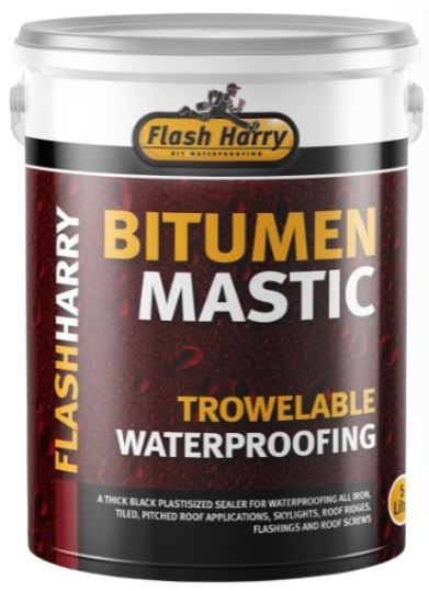 Bitumen Mastic is a trowel-applied, heavy-duty, thick, black, plasticised sealer and repair compound, which may be used to seal most roofing defects: roof screw bolts, nail holes, sheeting laps, valleys, gutters, down pipes, cracked tiles and many other roofing details. Bitumen Mastic has a built-in membrane so an additional membrane is generally not required. Bitumen Mastic is solvent-based and therefore not recommended for fish ponds or any drinking water applications. Bitumen Mastic can be used effectively for repair work if rain is imminent, as it is solvent-based. Not recommended where exposure to negative water pressure is present. Bitumen Mastic is flammable when wet. All necessary fire precautions should be taken. In areas were Bitumen Mastic is exposed to UV it is recommended to overcoat with Alu-Coat Silver (bituminous aluminium paint). Clean up with thinners, solvent or petrol.