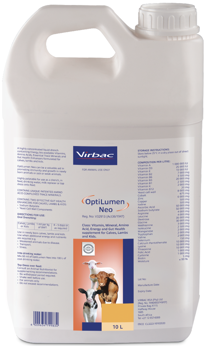 A highly concentrated liquid drench containing Energy, bio-available Vitamins, Amino Acids, Essential Trace Minerals and Gut Health. Enhancers formulated for calves, lambs and kids. OptiLumen Neo can be a valuable aid in promoting immunity and growth in ne