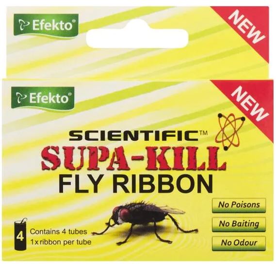 Supa-Kill Fly Ribbons are sticky ribbons that pull out of a cardboard tube to trap flies and other flying insects