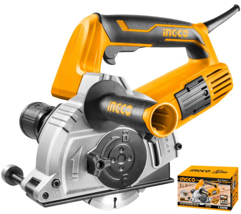 The product comes with voltage 220-240v, has an input power of 1500w, no load speed of 900rpm, disc diameter of 125mm, spindle thread m14, cutting depth 3 - 29mm, cutting width 8-30mm. The product also includes,1 piece chisel, 1 piece auxiliary handle, 1 set carbon brushes and 4 pieces cutting discs and is packed by colour box.