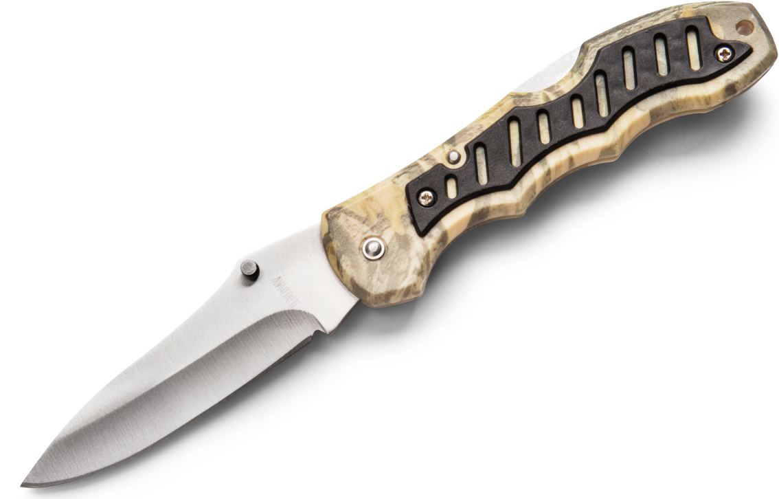 Folder Camo with Black Trim Satin Blade,. Non serrated 420 stainless steel blade with clip.