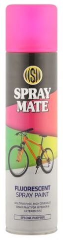 Spraymate Fluorescent spray paint is an exclusive formulation, which gives a bright matt finish that does not crumble, flake or rub off. It is suitable for most surfaces requiring a bright fluorescent finish, such as, bicycles, skateboards, helmets and man