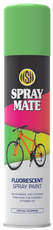 Spraymate Fluorescent spray paint is an exclusive formulation, which gives a bright matt finish that does not crumble, flake or rub off. It is suitable for most surfaces requiring a bright fluorescent finish, such as, bicycles, skateboards, helmets and man