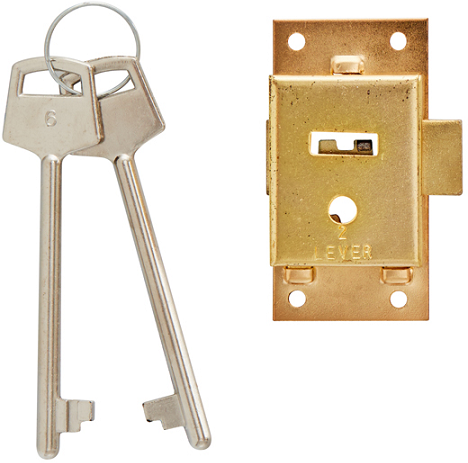 Cupboard Lock 64mm 2 Lever Mild Steel Brass Steel Chrome Plated Includes Screws & 2 Keys.