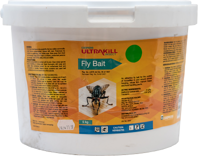 An attractive fly bait for the control of houseflies in and around animal housing refuse tips, manure heaps and food handling plants.