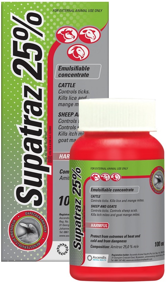 Emulsifiable concentrate. Controls ticks and kills lice and mange mites on cattle. Controls ticks & sheep scab and kills itch mites and goat mange mites on sheep and goats.