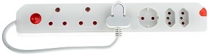 3 x 16A outlet, 2 x 5A outlet and 1 x schuko outlet, new 3 pin euro design with overload protection, LED power on indicator, safety shuttered, single switch, easy pull plug top design.