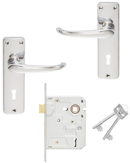 Lockset 3 Lever Commercial Complete with Heavy Duty Handles Chrome Steel Chrome Plated SABS Approved Twist & Pull Reversible Latch 15 year guarantee & fits local Keys.