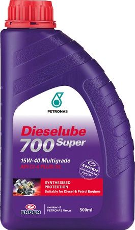 Engen Dieselube 700 Super is a synthesised high-performanceSAE 15W-40 diesel multigrade oil (HPDO) designed to the uniquerequirement of the Southern African market.This Diesel Engine population consists of advanced American,European, and Japanese engines burning high or low sulphurdiesel (depending on the area of operation). It ensures excellentcontrol over soot induced wear, high temperature piston deposits,bore polishing, corrosion, foaming, oxidation stability and ensuressuperior engine cleanliness at extended drain intervals.