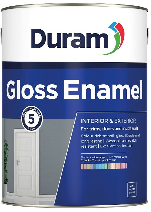 For trims, doors, windows and inside walls. Colour rich smooth gloss with a flawless, self levelling finish Contains polyurethane for toughness Washable with dirt retention Abrasion, scratch, stain and steam resistant. Low splatter with excellent obliteration Gloss Enamel White 5L can be tinted with Duram ColorPro stir-in paint colour This product has a 5 year quality guarantee. An attractive, colour rich and long lasting gloss enamel for trims, doors, windows and inside walls, with a 5 year quality guarantee.