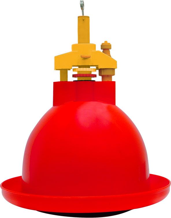 Automatic Broiler Drinker is a ballasted drinker specifically designed to accommodate the complete life cycle from day one. The drinker is fitted with an independent ballast which must be filled with sand or cast in concrete to stabilize the drinker. It comes standard with hanging attachments, a 3M PVC tubing water pipe and clamp saddle with a shut off valve.