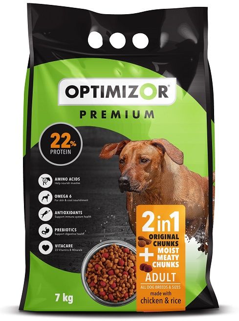 Optimizor 2in1 with Moist Meaty Chunks, contains regular Optimizor chunks and moist meaty chunks. Through a specialised process of perfectly balancing increased moisture in our kibble, we can create chunks that stay moist and meaty, delivering mouth-watering chewy bits. Amino Acids to help nourish muscles, Omega 6 for skin & coat nourishment, Antioxidants to support immune system health, Prebiotics so support digestive health, 23 Vitamins and Minerals.