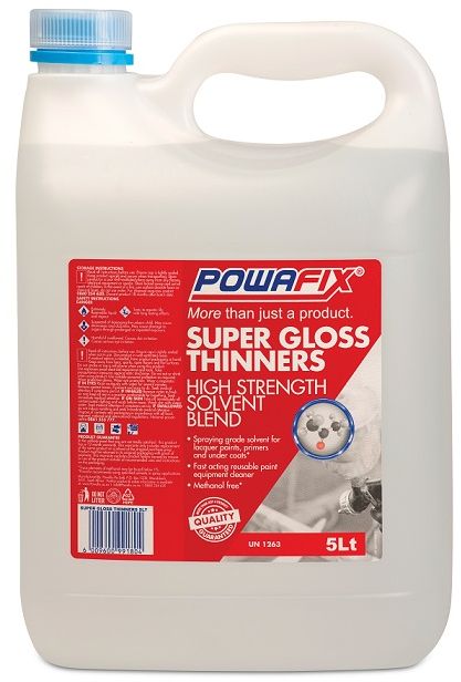 Powafix Super gloss Thinners is a high quality solvent blend specially formulated to dilute Lacquer based paints. No methanol used. Trace Levels of methanol may be found below 1%.