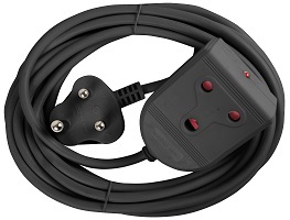 Light duty extension lead 10 amp, 5m with 1mm cord, LED power on indicator, Safety Shuttered, Compatible appliances example computers, do not overload, black.