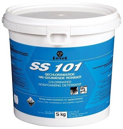 Chlorinated non foaming detergent to clean milk installations and pipeline systems. Directions: After Milking rinse the installation well with cold to lukewarm water 25°C to 30°C. Prepare a solution containing 4g of SS101 per litre of hot water at 70°C. Circulate this solution through the installation for 10 minutes. Drain the solution and rinse installation with potable water. Use 2ml SS108 per 1 litre of water or 1.5ml SS103 per 1 litre of water in the final rinse.