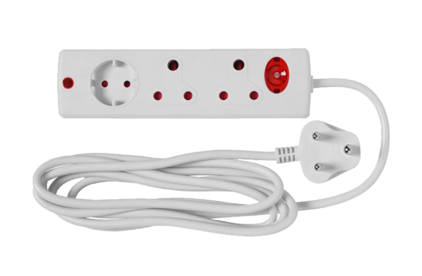 3 Way Multiplug, 2 x 16 AMP, 1 x Schuko, 3m Cable, Overload protection, Safety shuttered.