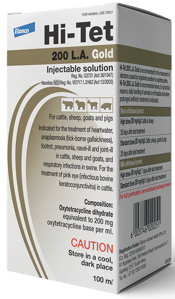 For the treatment of heartwater, anaplasmosis (tick-borne gall sickness), root rot, pneumonia, navel-ill and joint-ill in cattle, sheep and goats and pneumonia in swine, and for the treatment of pink eye (infectious bovine keratoconjunctivitis) in cattle. A stable, sterile, ready to use solution containing oxytetracycline dihydrate equivalent to 200mg oxytetracycline base per ml. After the administration of a single intramuscular injection of 1ml/10kg live body mass, sufficient oxytetracycline blood levels are sustained for 3-5 days in cattle, sheep, goats and pigs. After the administration of a single intramuscular injection of 1,5ml/10kg live body mass, sufficient oxytetracycline blood levels are sustained for up to 5-6 days in cattle and sheep.