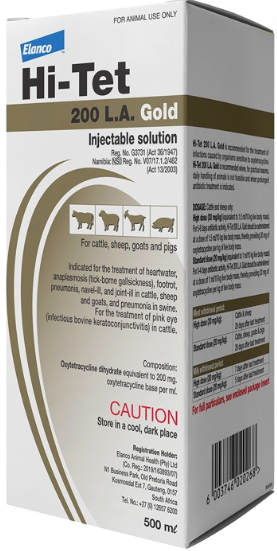 For the treatment of heartwater, anaplasmosis (tick-borne gall sickness), root rot, pneumonia, navel-ill and joint-ill in cattle, sheep and goats and pneumonia in swine, and for the treatment of pink eye (infectious bovine keratoconjunctivitis) in cattle. A stable, sterile, ready to use solution containing oxytetracycline dihydrate equivalent to 200mg oxytetracycline base per ml. After the administration of a single intramuscular injection of 1ml/10kg live body mass, sufficient oxytetracycline blood levels are sustained for 3-5 days in cattle, sheep, goats and pigs. After the administration of a single intramuscular injection of 1,5ml/10kg live body mass, sufficient oxytetracycline blood levels are sustained for up to 5-6 days in cattle and sheep.