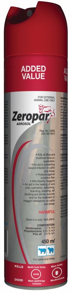 Transdermal antiparasitic and wound healing multi purpose aerosol spray for use in cattle and sheep. An aid in preventing wound infection in cattle and sheep. Protects against nuisance flies. Kills blowfly maggots. An aid in the healing of wire cuts, castration, dehorning, branding, shearing, tailing, and similar wounds and for the treatment of maggot infestations on cattle and sheep.