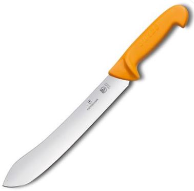 A broad rigid Professional butcher's knife designed for smooth and easy slicing while reducing the risk of injury due to the rounded edge at the back of blade.