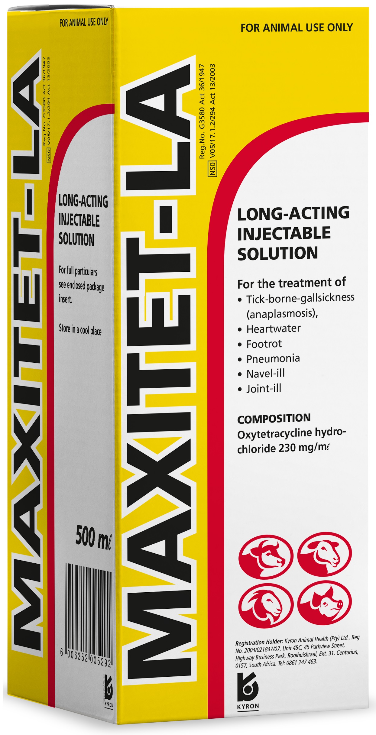 Long- acting injectable solution for the treatment of tick-borne gall sickness (Anaplasmosis), heartwater, foot rot, pneumonia, navel-ill and joint-ill in livestock.