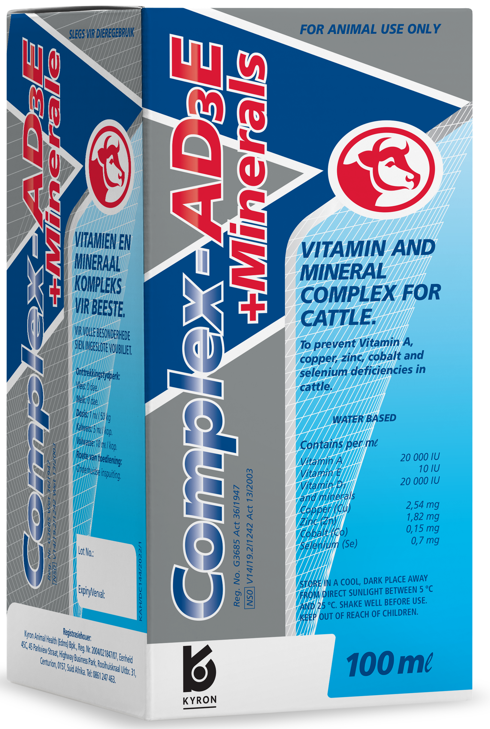 Vitamin and mineral complex for cattle to prevent vitamin A, copper, zinc, cobalt and selenium deficiencies.