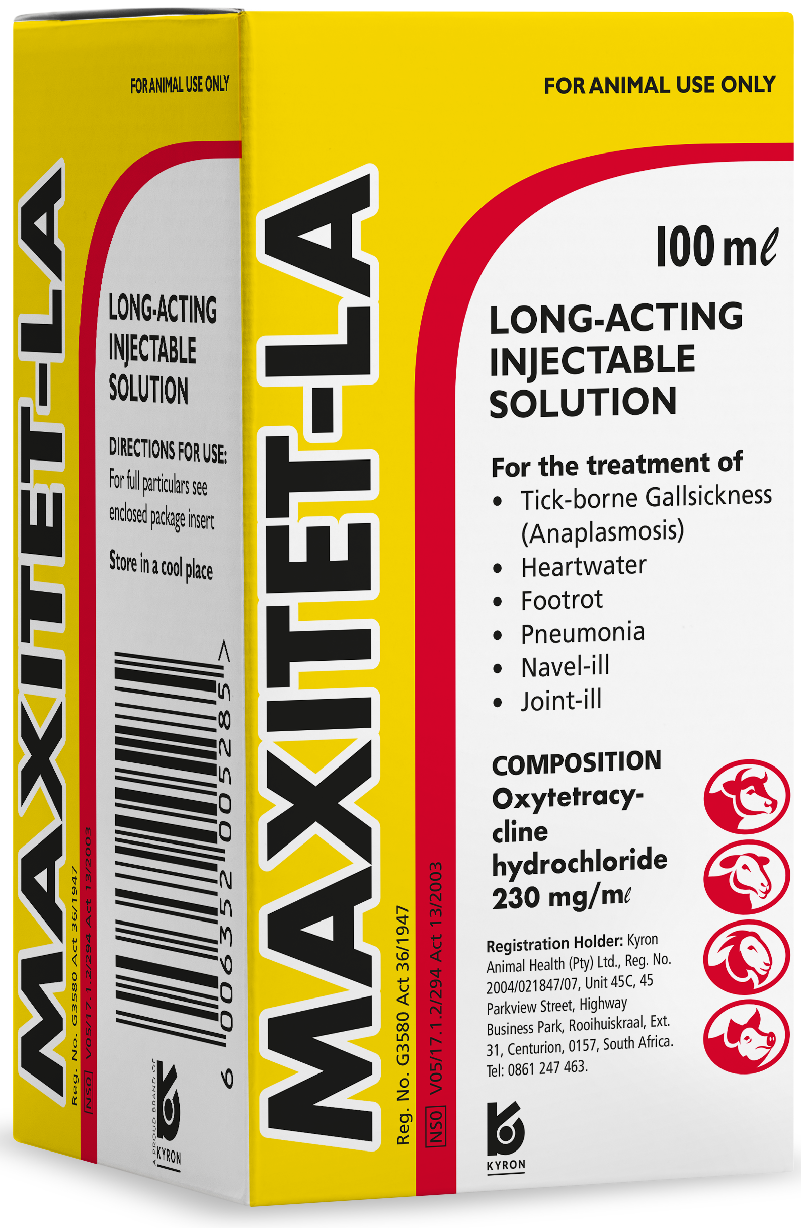 Long- acting injectable solution for the treatment of tick-borne gall sickness (Anaplasmosis), heartwater, foot rot, pneumonia, navel-ill and joint-ill in livestock.